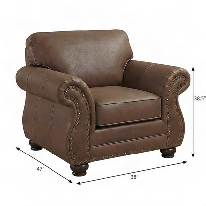 Faux Leather Accent Chair with Nailhead Trim and Solid Wood Legs, Ginger Brown