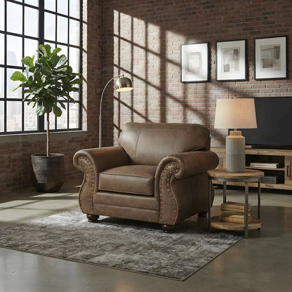Faux Leather Accent Chair with Nailhead Trim and Solid Wood Legs, Ginger Brown
