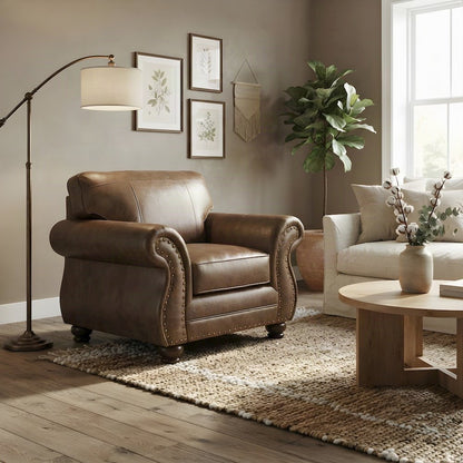 Faux Leather Accent Chair with Nailhead Trim and Solid Wood Legs, Ginger Brown