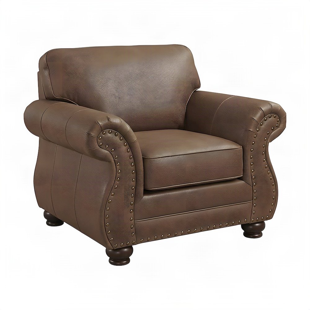 Faux Leather Accent Chair with Nailhead Trim and Solid Wood Legs, Ginger Brown