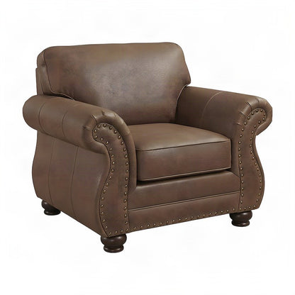 Faux Leather Accent Chair with Nailhead Trim and Solid Wood Legs, Ginger Brown