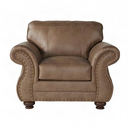 Faux Leather Accent Chair with Nailhead Trim and Solid Wood Legs, Ginger Brown
