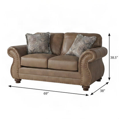 Faux Leather Loveseat Sofa with Antique Bronze Nailhead Trim, Ginger Brown