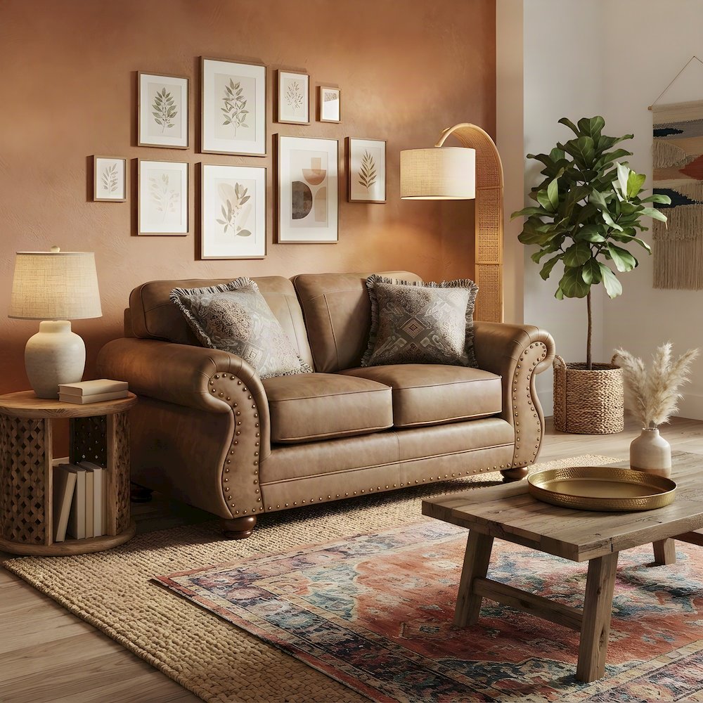 Faux Leather Loveseat Sofa with Antique Bronze Nailhead Trim, Ginger Brown