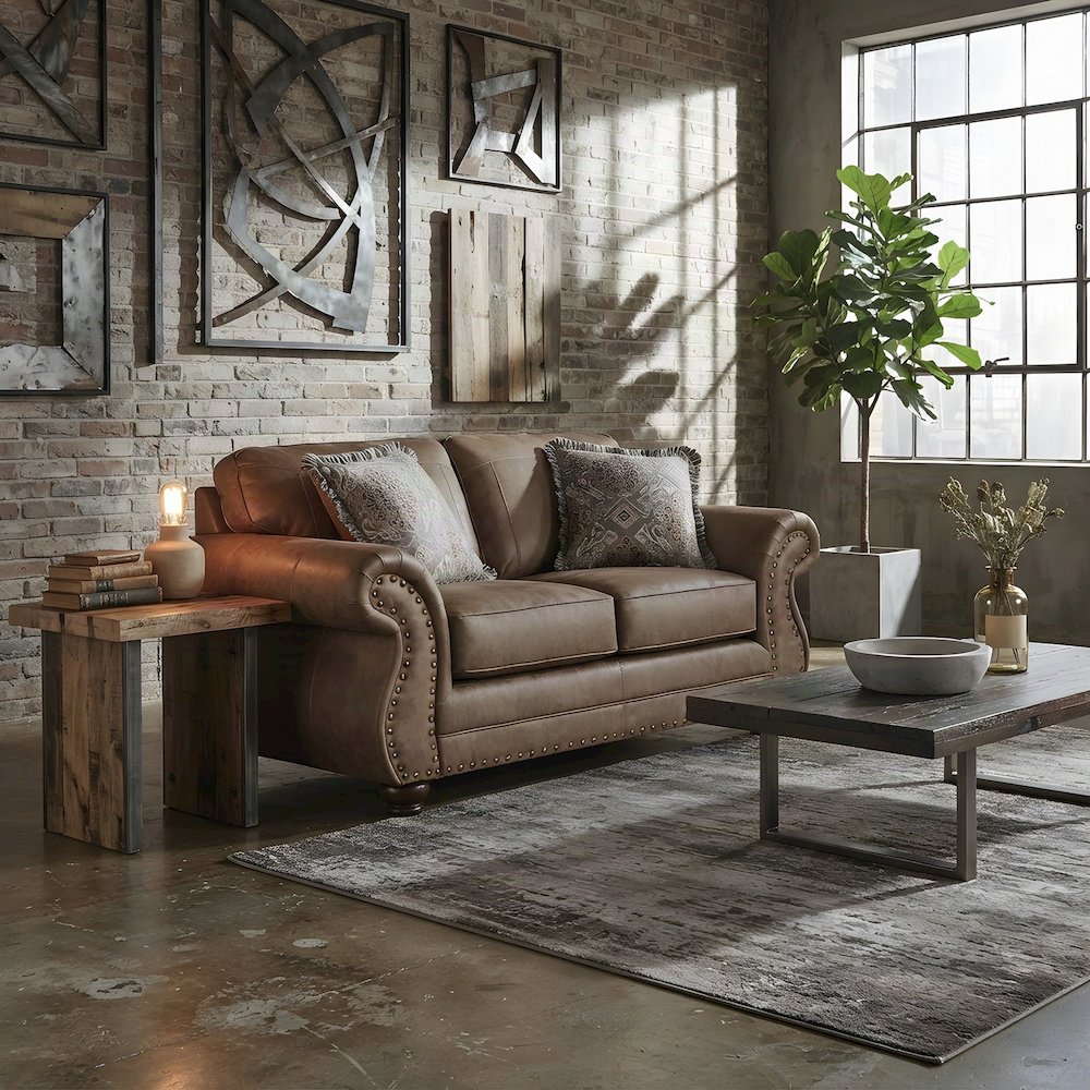 Faux Leather Loveseat Sofa with Antique Bronze Nailhead Trim, Ginger Brown