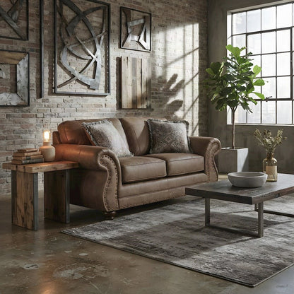 Faux Leather Loveseat Sofa with Antique Bronze Nailhead Trim, Ginger Brown