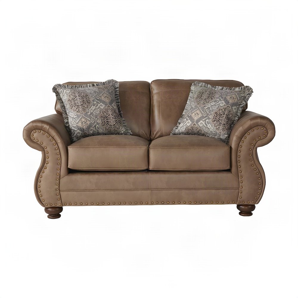Faux Leather Loveseat Sofa with Antique Bronze Nailhead Trim, Ginger Brown