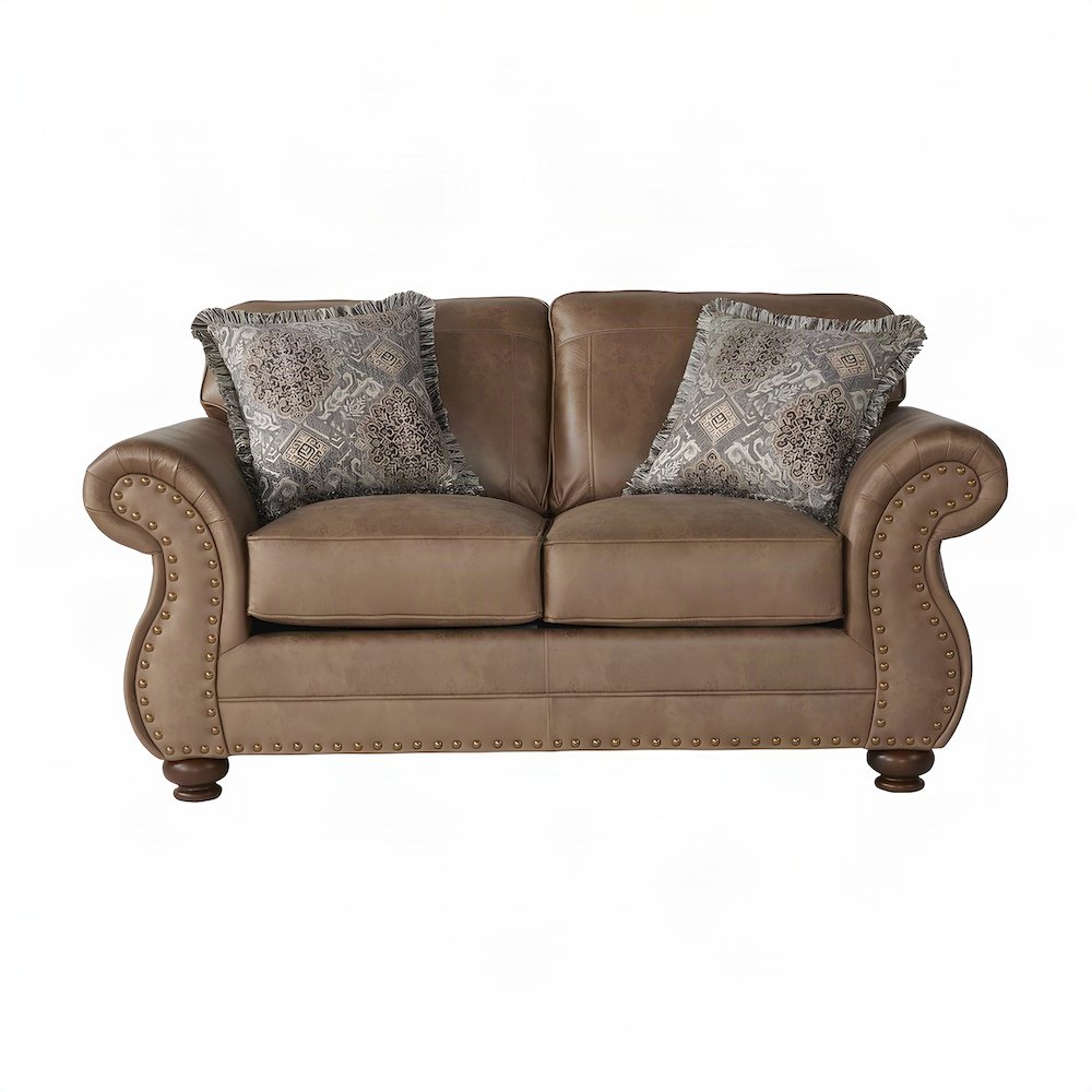 Faux Leather Loveseat Sofa with Antique Bronze Nailhead Trim, Ginger Brown
