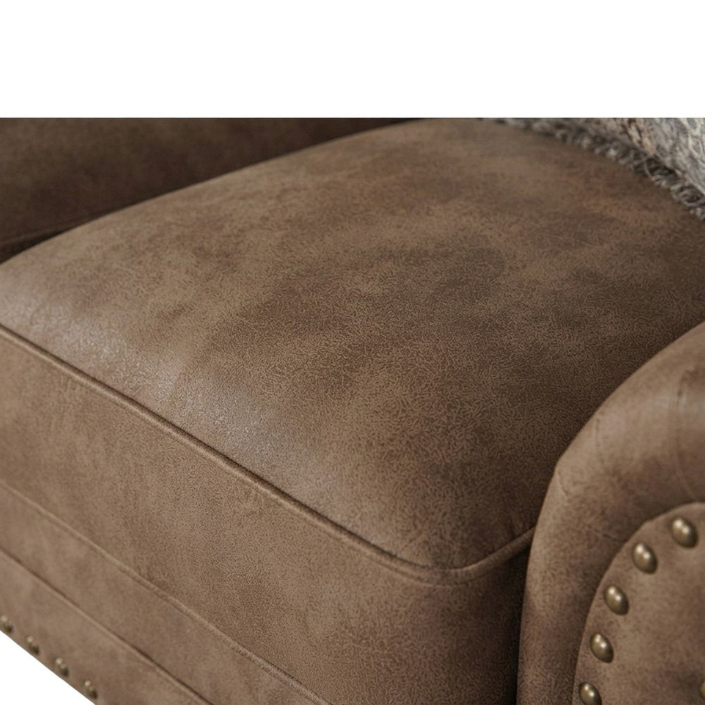 Faux Leather Loveseat Sofa with Antique Bronze Nailhead Trim, Ginger Brown