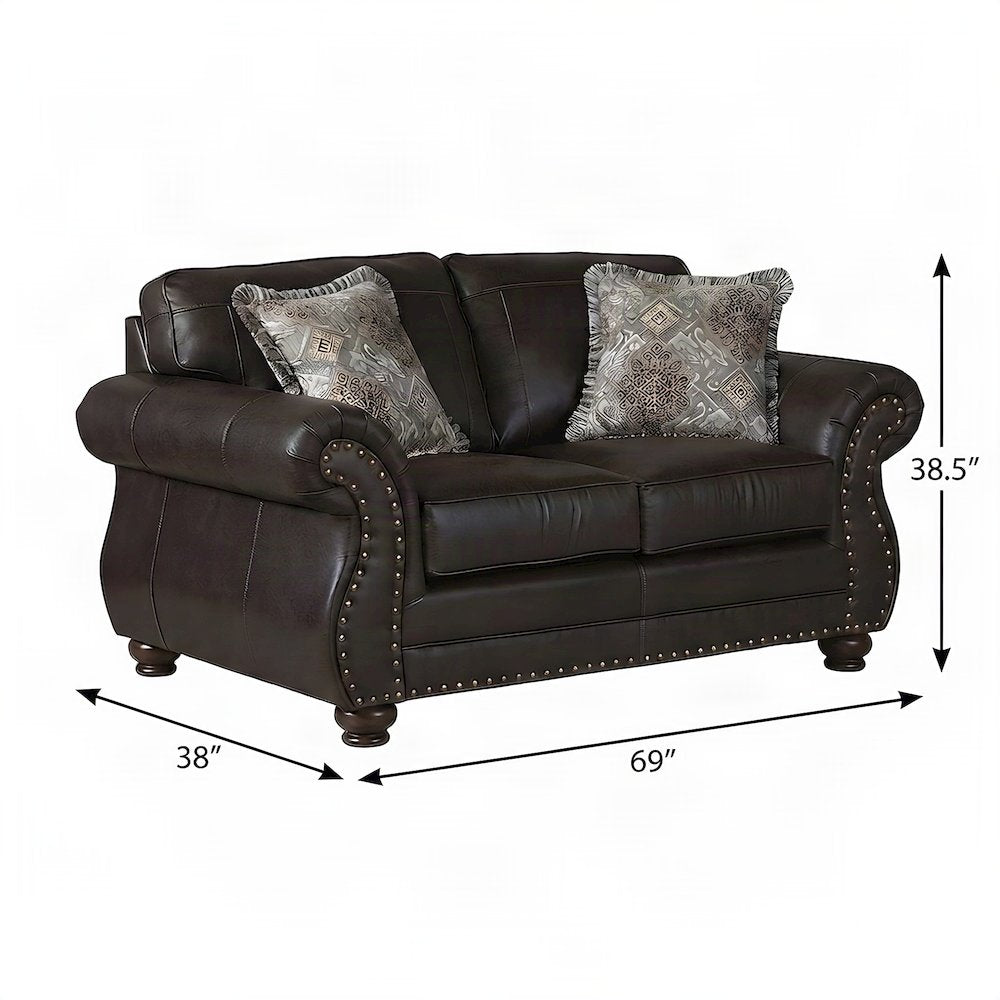 Faux Leather Nailhead Loveseat with Solid Wood Frame, Settee, Espresso