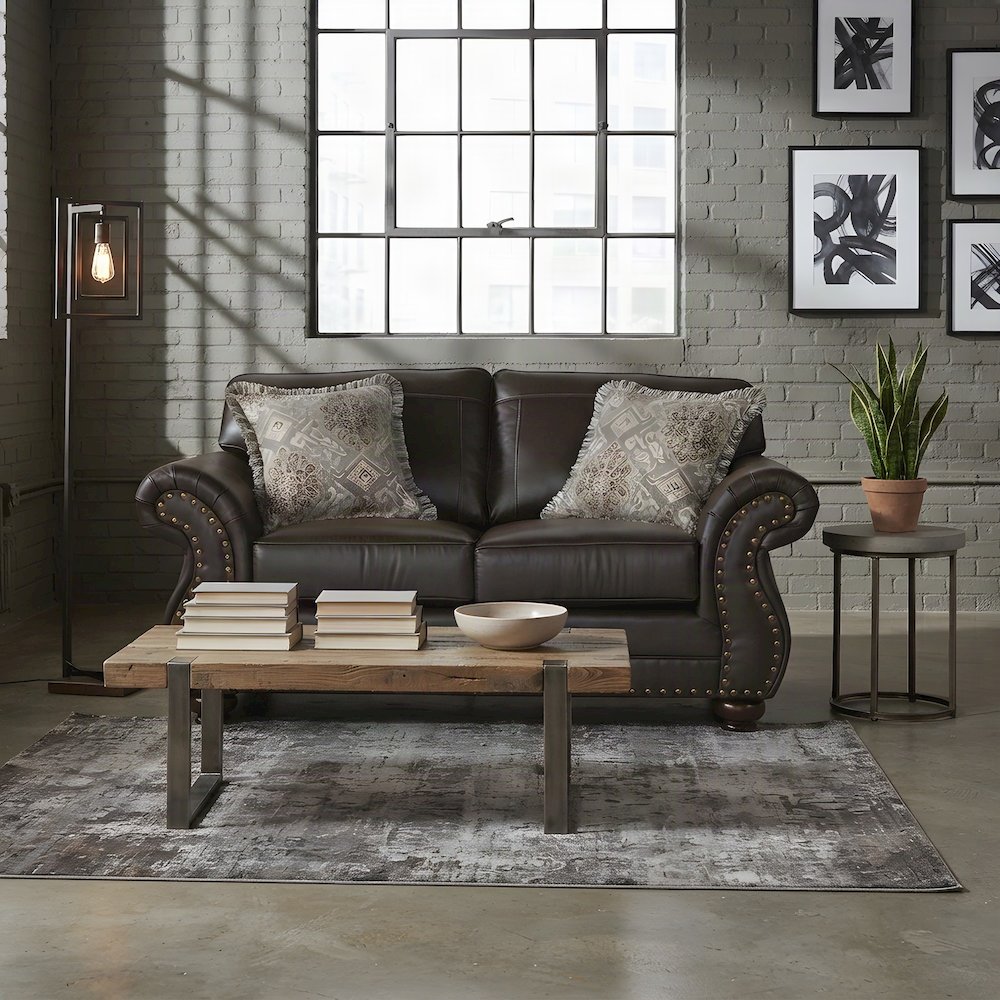 Faux Leather Nailhead Loveseat with Solid Wood Frame, Settee, Espresso