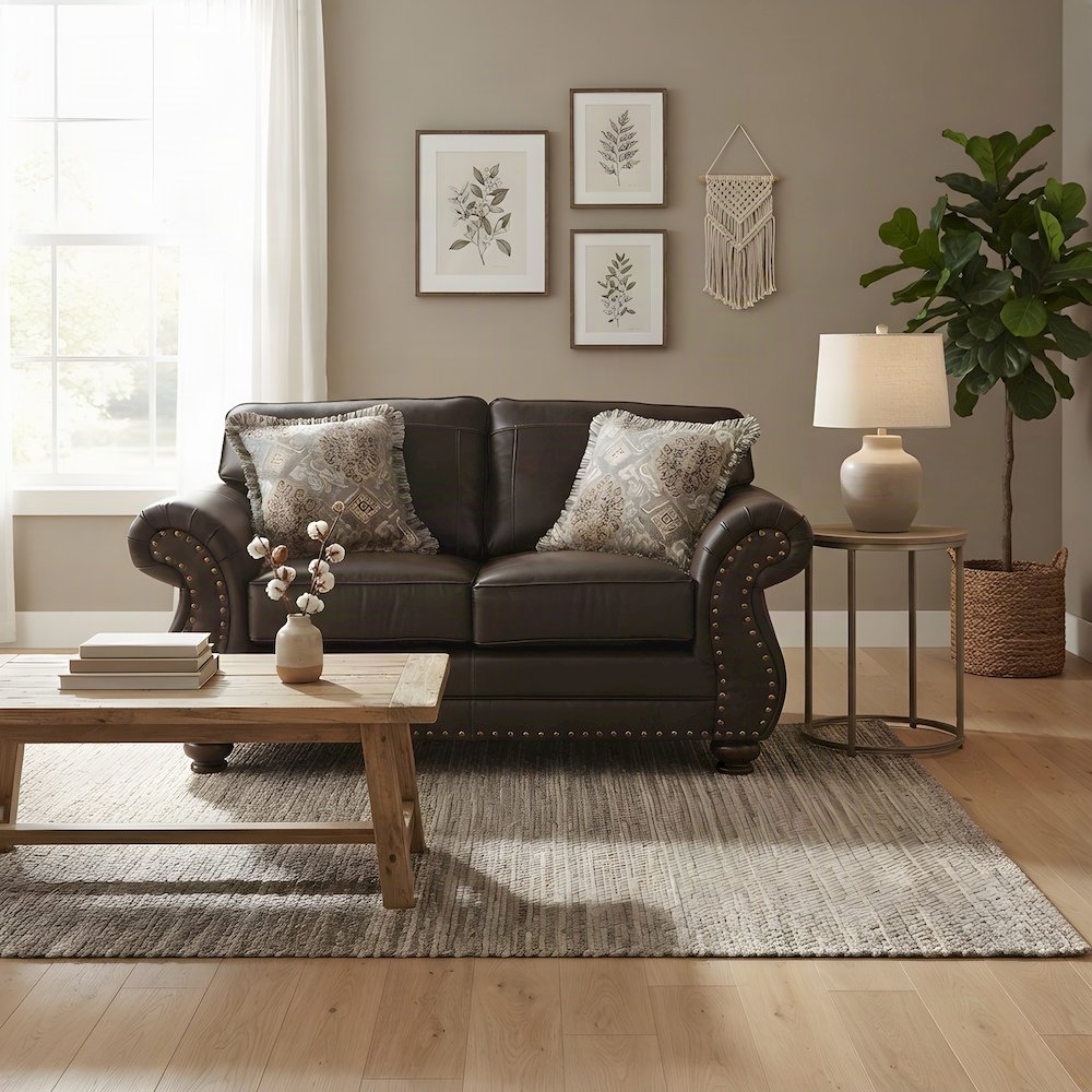Faux Leather Nailhead Loveseat with Solid Wood Frame, Settee, Espresso