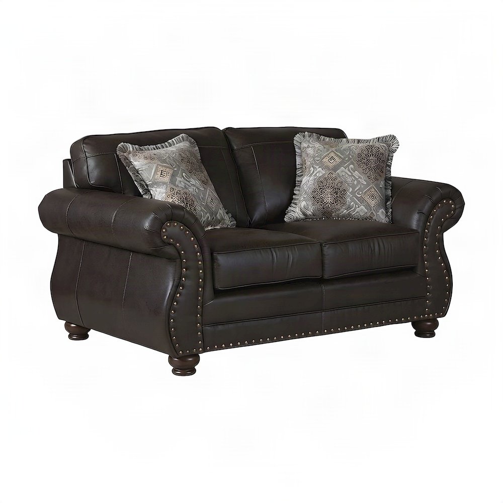 Faux Leather Nailhead Loveseat with Solid Wood Frame, Settee, Espresso
