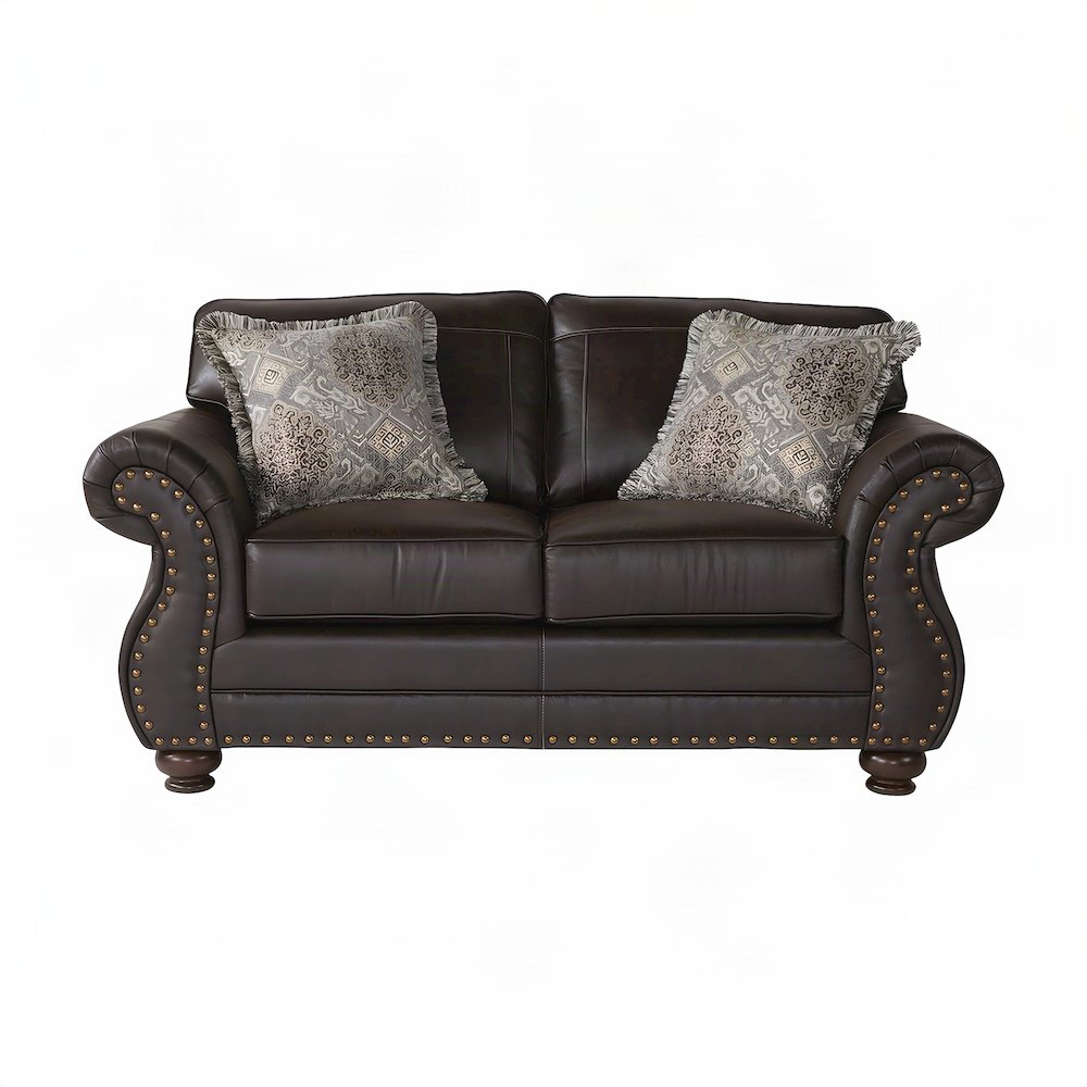 Faux Leather Nailhead Loveseat with Solid Wood Frame, Settee, Espresso