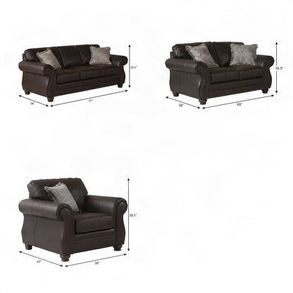 Solid Wood Faux Leather Nailhead Sofa, Loveseat, and Chair 3 Piece Set, Espresso