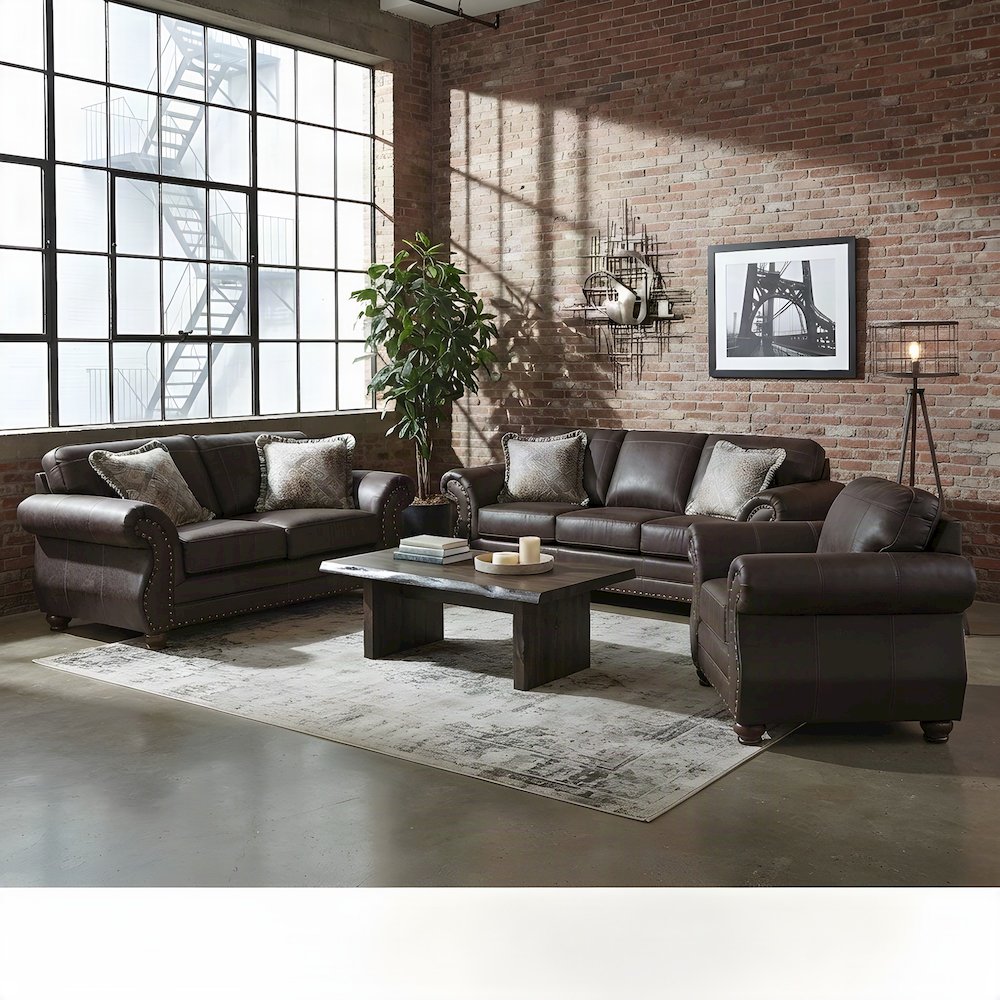 Solid Wood Faux Leather Nailhead Sofa, Loveseat, and Chair 3 Piece Set, Espresso
