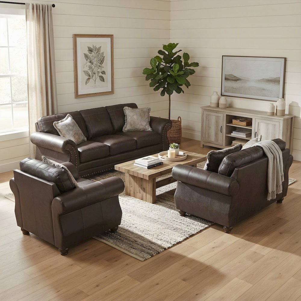 Solid Wood Faux Leather Nailhead Sofa, Loveseat, and Chair 3 Piece Set, Espresso