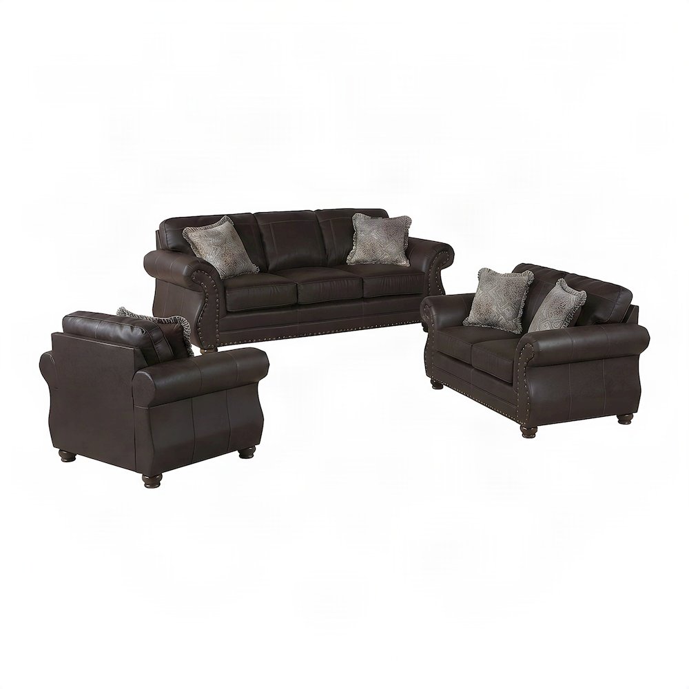 Solid Wood Faux Leather Nailhead Sofa, Loveseat, and Chair 3 Piece Set, Espresso