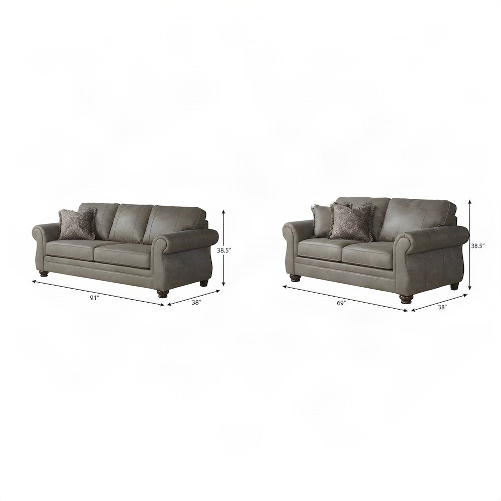 Nailhead-Trim Faux Leather Upholstered Sofa and Loveseat 2 Piece Set, Grey
