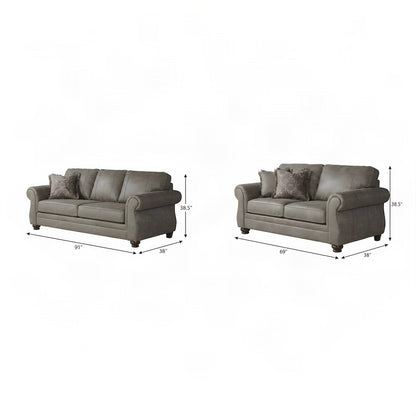Nailhead-Trim Faux Leather Upholstered Sofa and Loveseat 2 Piece Set, Grey