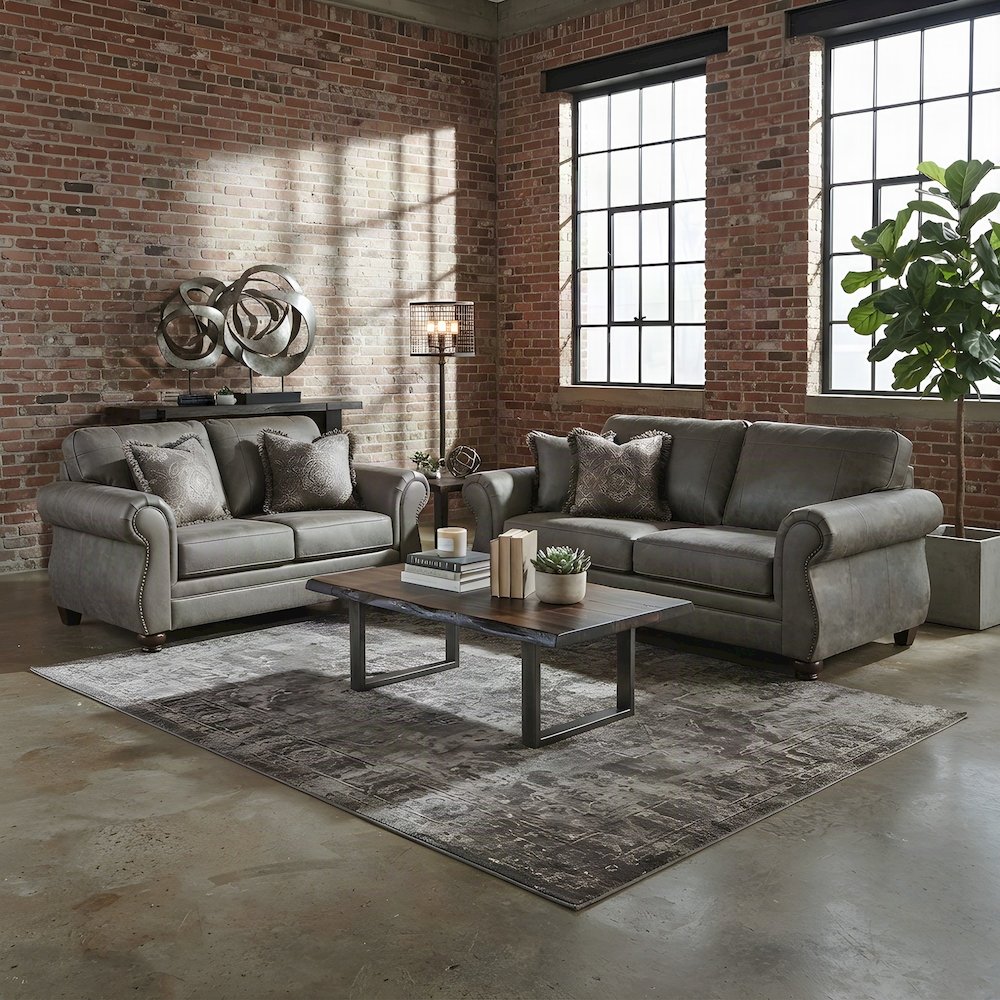 Nailhead-Trim Faux Leather Upholstered Sofa and Loveseat 2 Piece Set, Grey