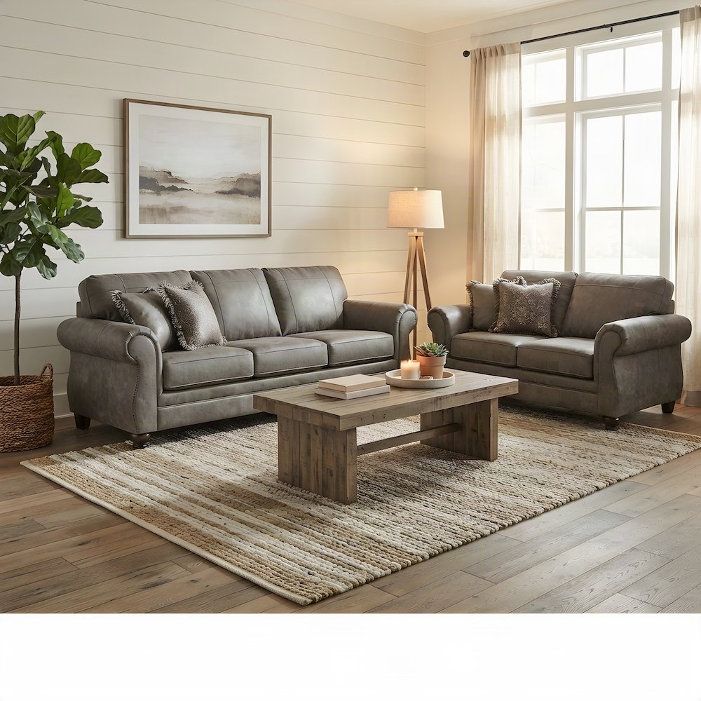 Nailhead-Trim Faux Leather Upholstered Sofa and Loveseat 2 Piece Set, Grey