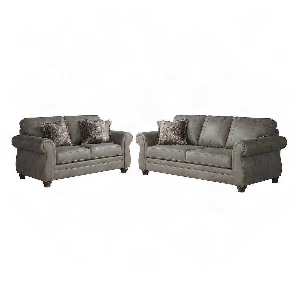 Nailhead-Trim Faux Leather Upholstered Sofa and Loveseat 2 Piece Set, Grey