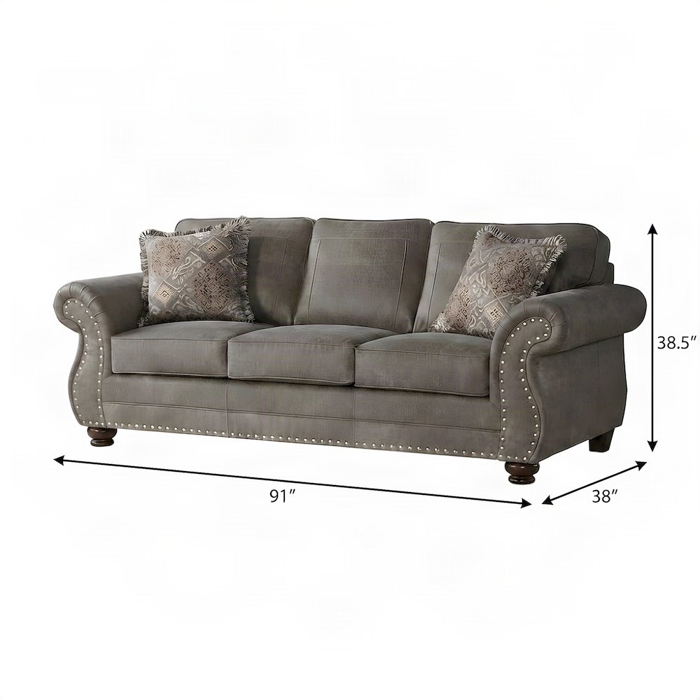 Faux Leather-Upholstered Nailhead Trim Sofa with Solid Wood Frame, Grey