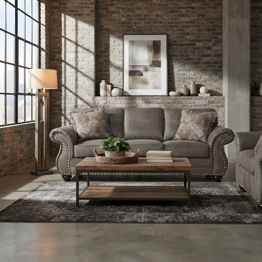 Faux Leather-Upholstered Nailhead Trim Sofa with Solid Wood Frame, Grey