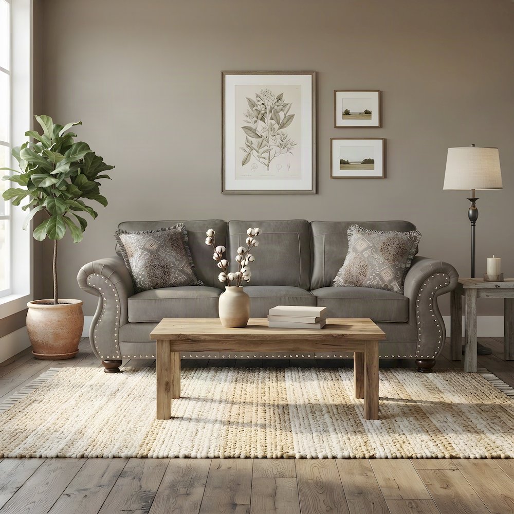 Faux Leather-Upholstered Nailhead Trim Sofa with Solid Wood Frame, Grey