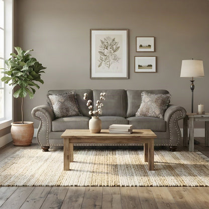 Faux Leather-Upholstered Nailhead Trim Sofa with Solid Wood Frame, Grey