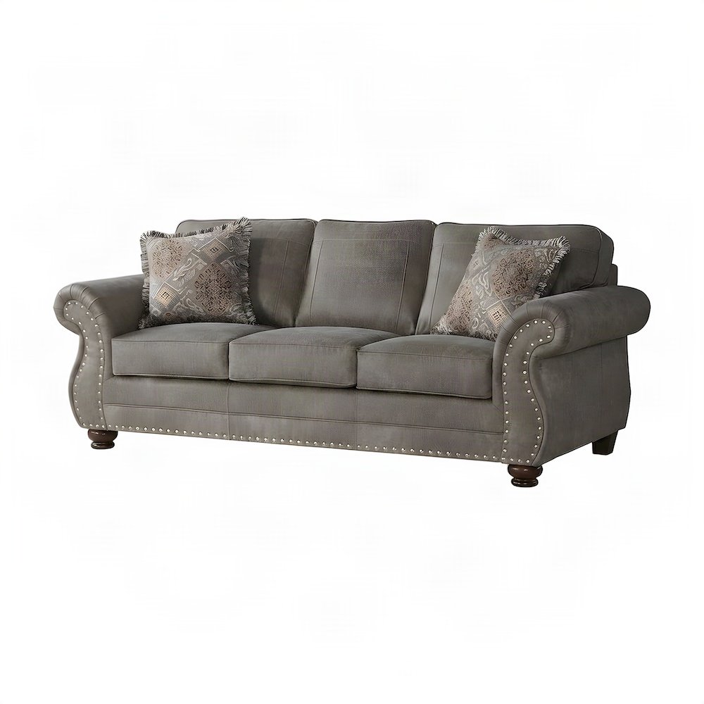 Faux Leather-Upholstered Nailhead Trim Sofa with Solid Wood Frame, Grey