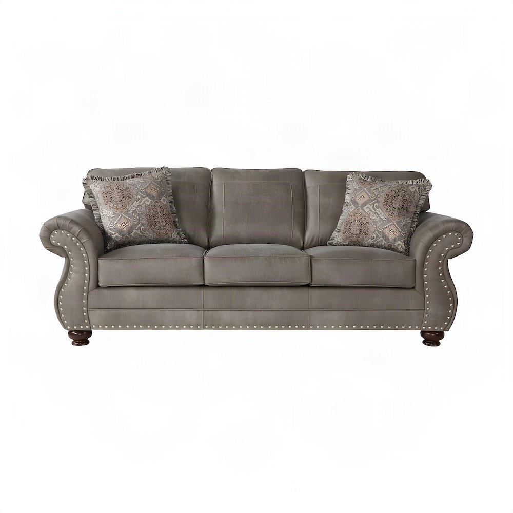 Faux Leather-Upholstered Nailhead Trim Sofa with Solid Wood Frame, Grey