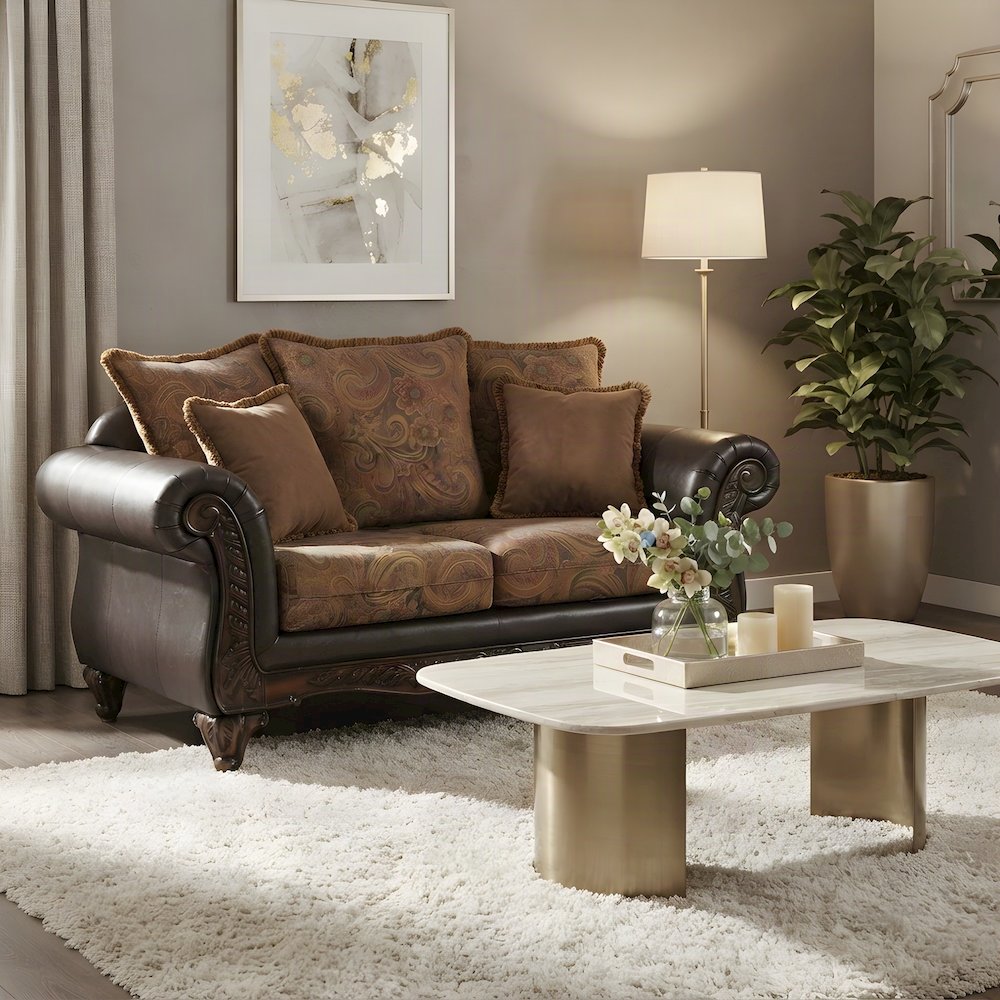 Two-Tone Microfiber Loveseat Sofa with Solid Wood Frame, Settee, Chocolate