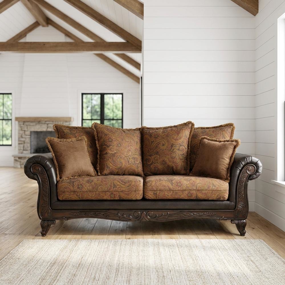 Microfiber Sofa with Solid Wood Frame, Vintage Living Room Couch, Chocolate