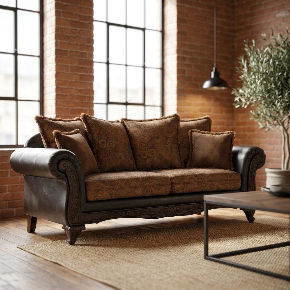 Microfiber Sofa with Solid Wood Frame, Vintage Living Room Couch, Chocolate