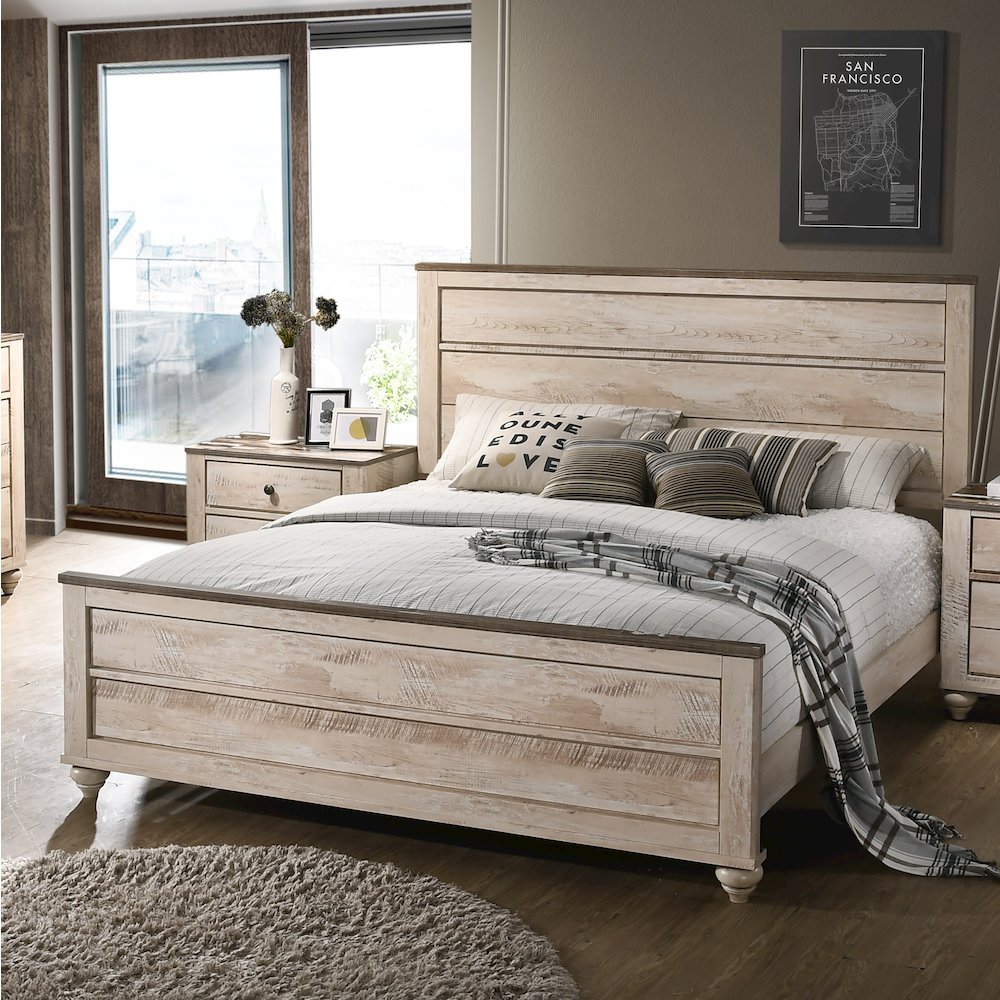 White Wash Finish 3-Piece Bedroom Set-King Bed and Two Nightstands