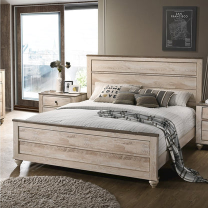White Wash Finish 3-Piece Bedroom Set-King Bed and Two Nightstands