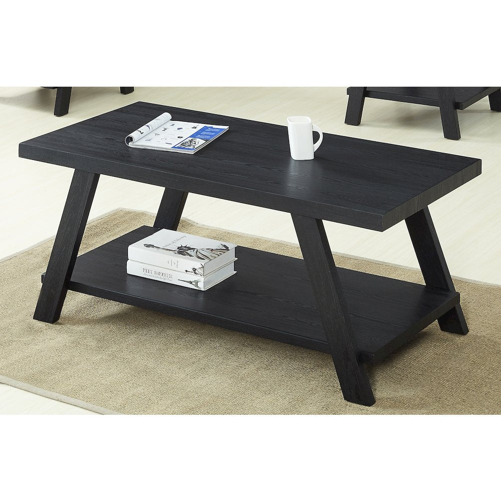 Athens Contemporary Replicated Wood Shelf Coffee Set Table in Black Finish