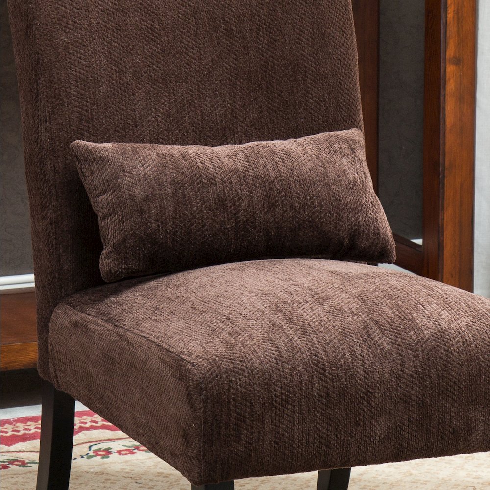 Pisano Chocolate Fabric Armless Accent Chair with Matching Kidney Pillow
