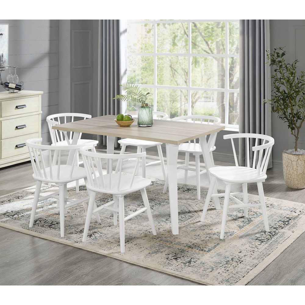 Alwynn White and Natural Wood 7-Pc Dining Set, Table with 6 Windsor Chairs