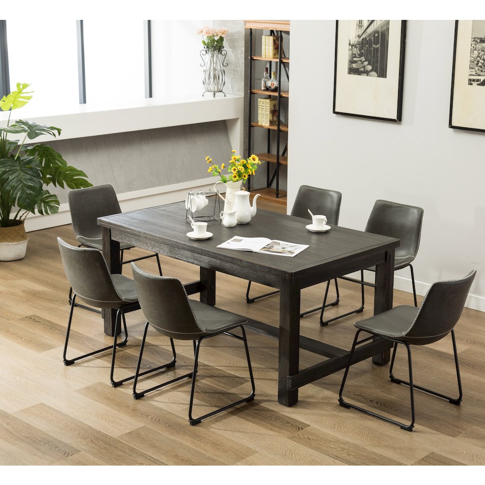 7-Piece Antique Black Finish Wood Dining Table, 6 Gray Faux Leather Chairs Set