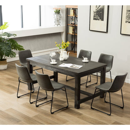 7-Piece Antique Black Finish Wood Dining Table, 6 Gray Faux Leather Chairs Set