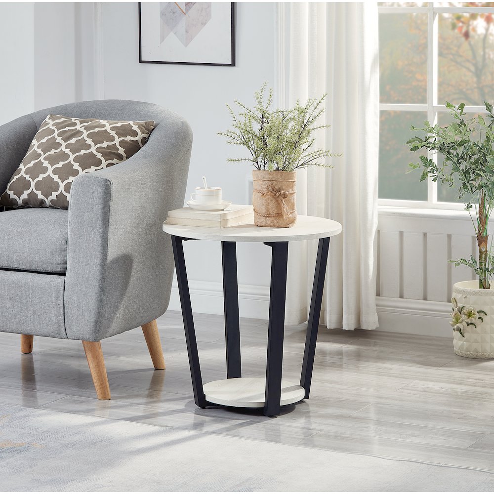 Elysian Contemporary Round End Table with Shelf, Off-White
