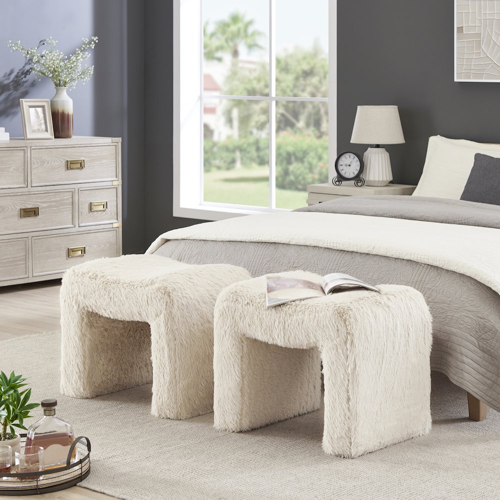 Zorya Contemporary Faux Fur U-Shaped Ottoman, Set of 2