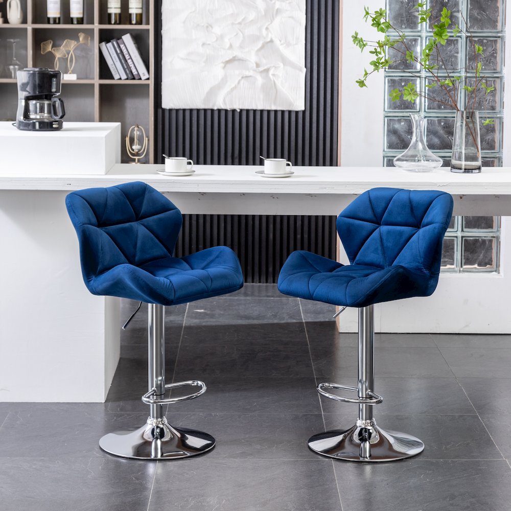 Breni Velvet Diamond Tufted Swivel Adjustable Height Barstool, Set of 2, Blue