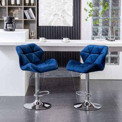 Breni Velvet Diamond Tufted Swivel Adjustable Height Barstool, Set of 2, Blue