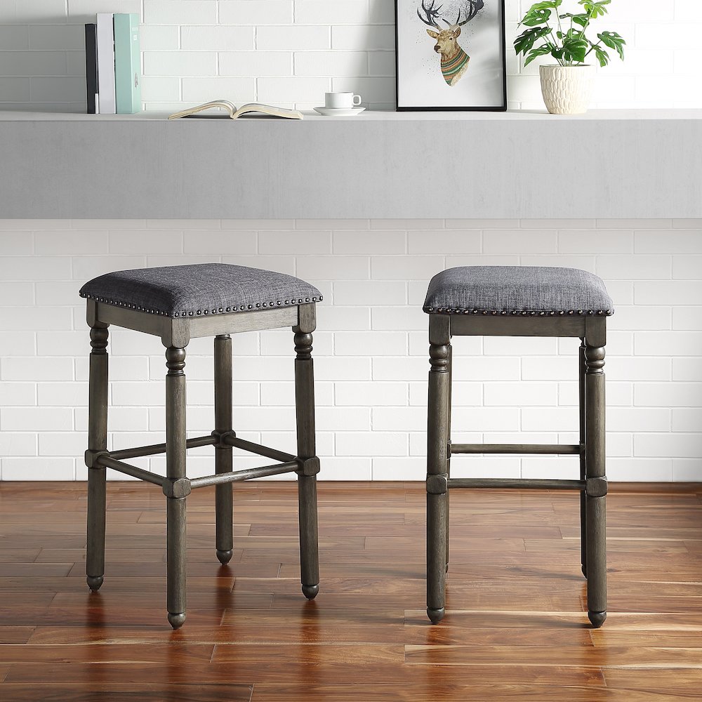 Arnhem Wood Gray Upholstered Swivel Bar Stools, Set of 2