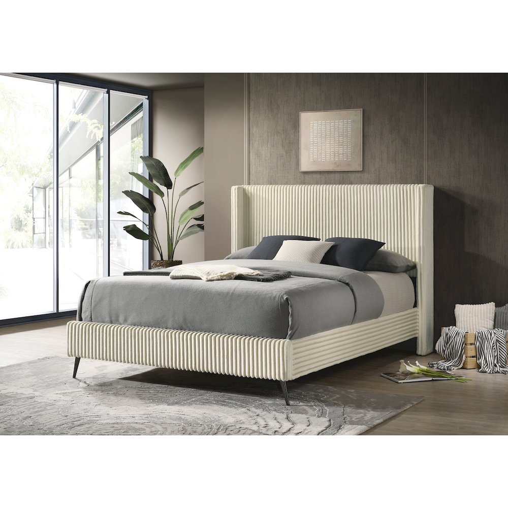 Mavela Wide Wale Corduroy Upholstery Panel Queen Bed with 2 Nightstands, Cream