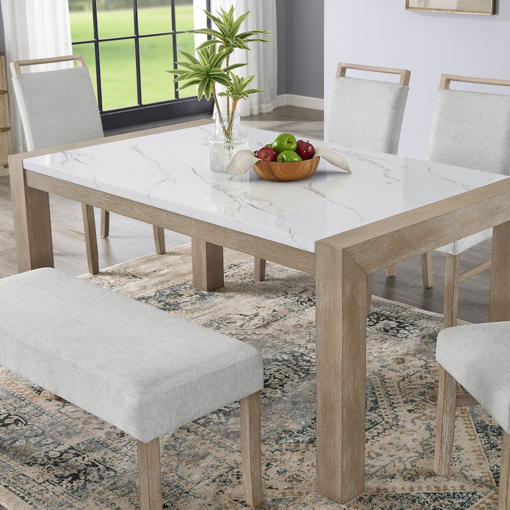 Zelalle Dining Table, Faux Marble Paper Top and White Wired-Brushed Finish
